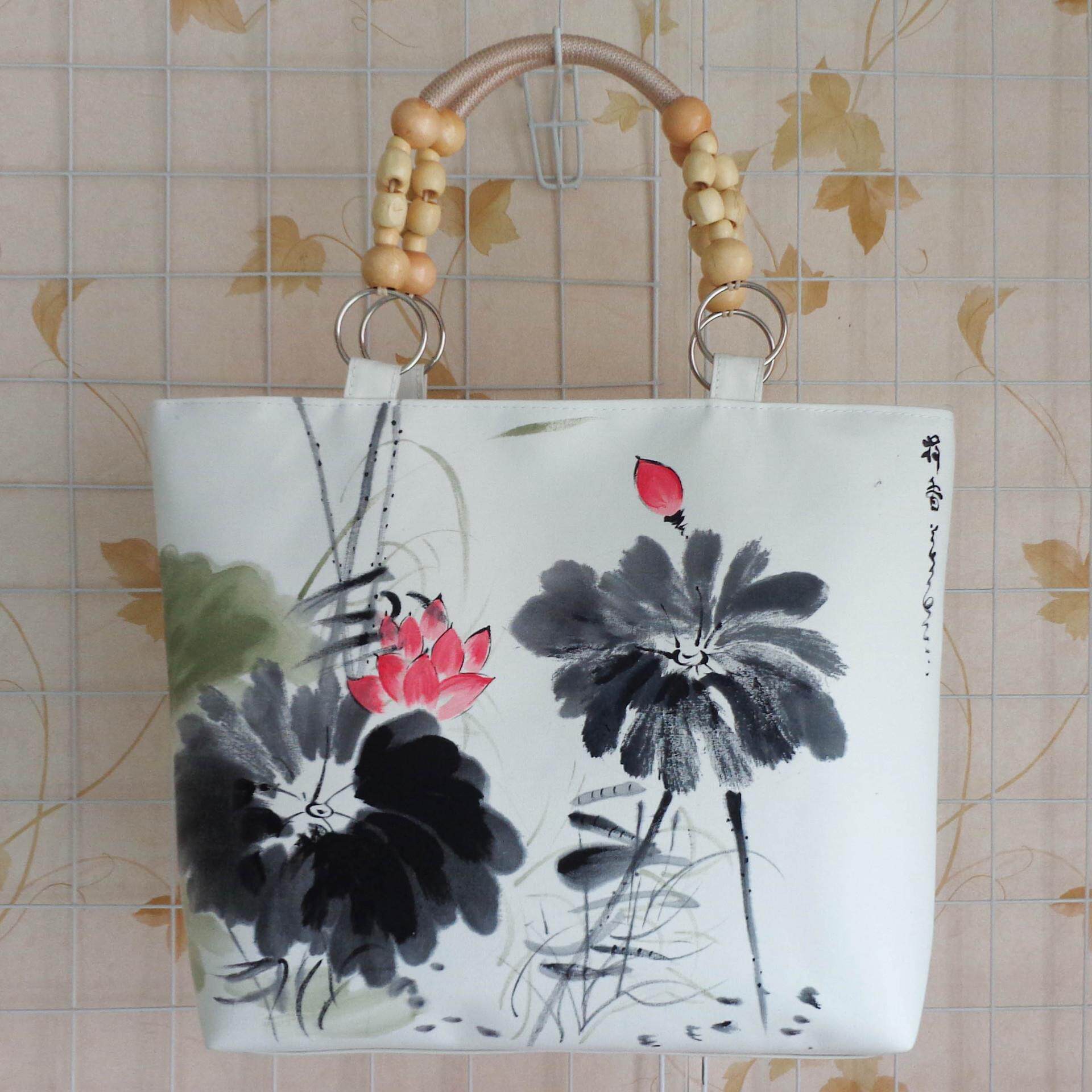 手绘单肩包挎包复古特色民族风中国风水墨荷花手工绘制