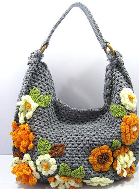 灰色时尚单肩花朵包 手工钩针毛线针编织传统工艺钩包民族风花卉