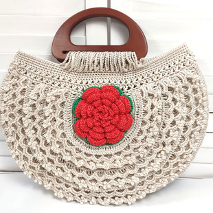 纯木提手米色珍珠包 手工编织钩针钩编针织毛线订制民族风国潮包