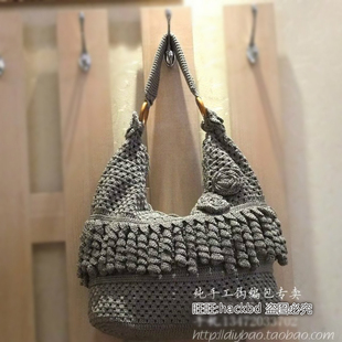 树皮灰色单肩玉米须包 流苏包手工包编织包钩针包毛线传统手工艺