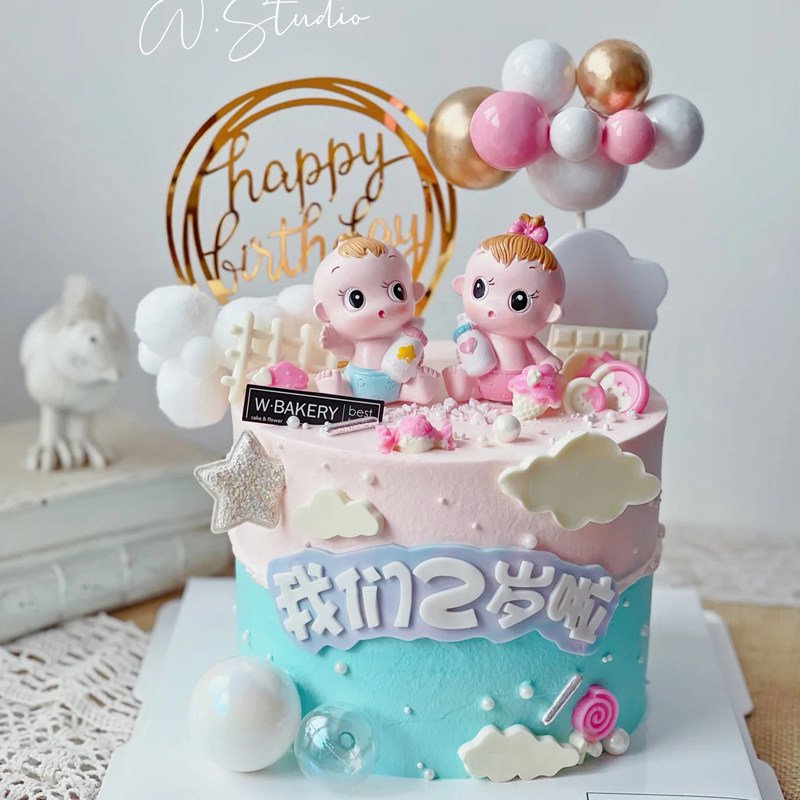 周岁百日宴双胞胎bb款生日蛋糕插件月亮星星云朵插牌奶瓶宝宝摆件