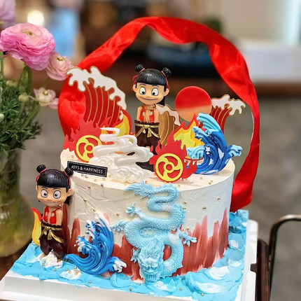 哪吒男孩生日蛋糕装饰敖丙哪咤三太子摆件海浪插件飘带硅胶龙模具