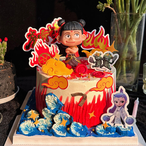 哪吒生日蛋糕装饰小魔王玩偶公仔摆件熬丙哪咤手办风火轮烘焙插件