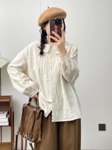 森系小清新波浪花边翻领纯色棉布加绒保暖衬衫宽松内搭少女风上衣