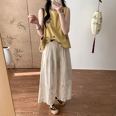 棉布刺绣镂空宽松直筒阔腿裤