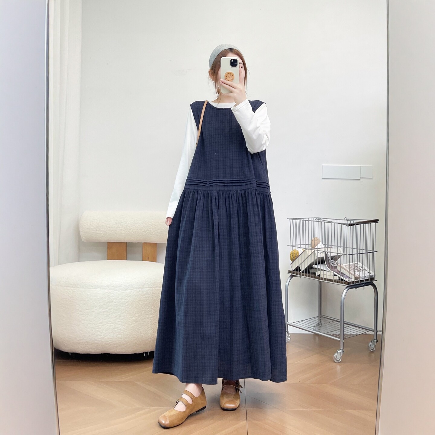 宽松圆领纯棉格纹背心连衣裙女