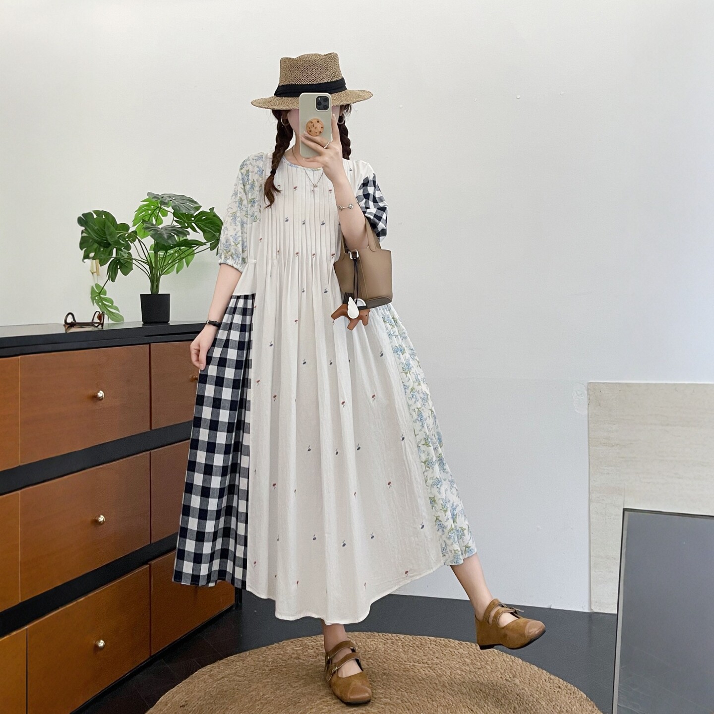 少女风圆领格子碎花拼接短袖长裙