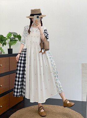 少女风圆领格子碎花拼接短袖长裙