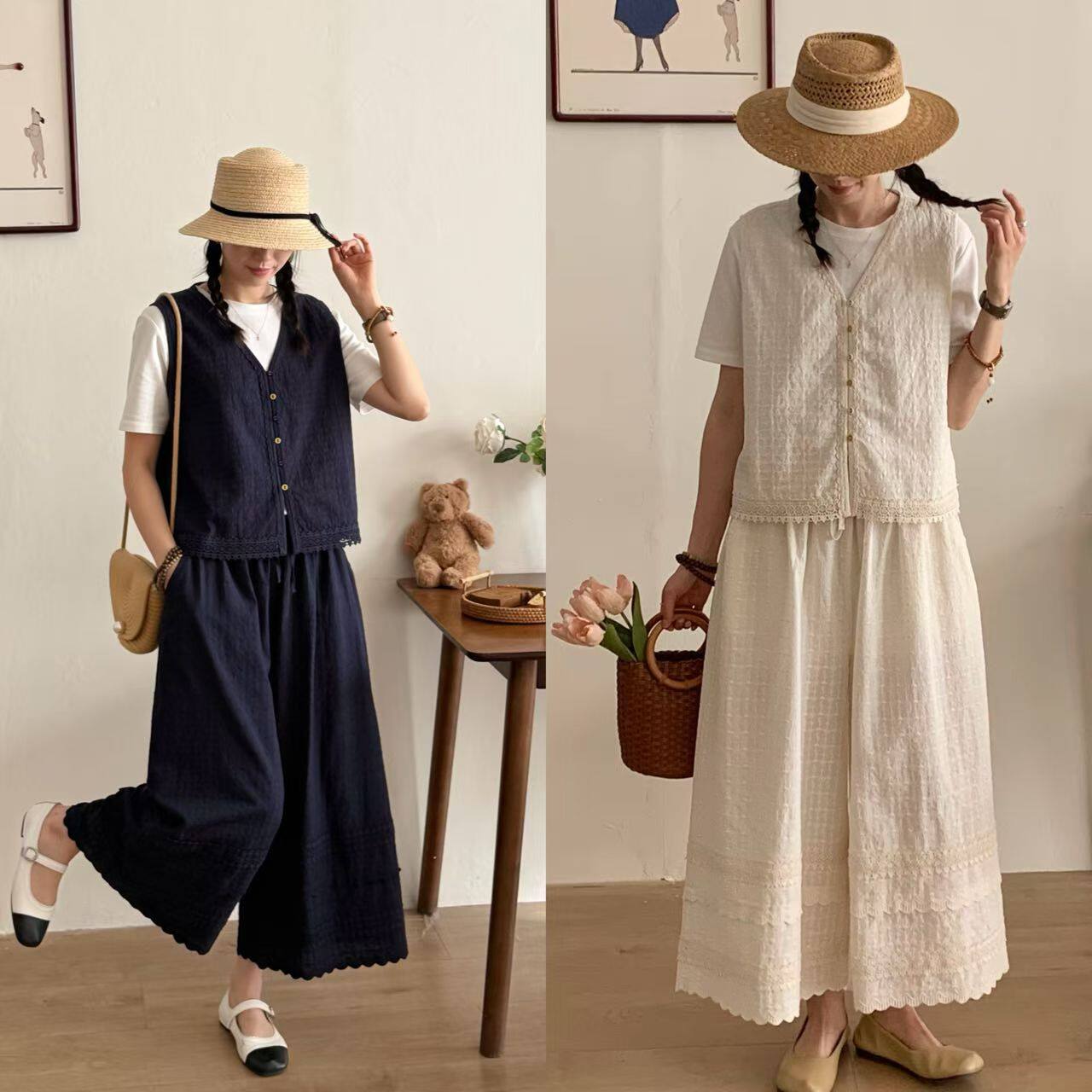 26春夏新森系棉布刺绣V领短款马甲宽松版宽松大码直筒阔腿裤套装