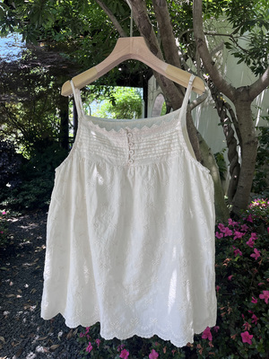 棉布刺绣风琴褶吊带小背心