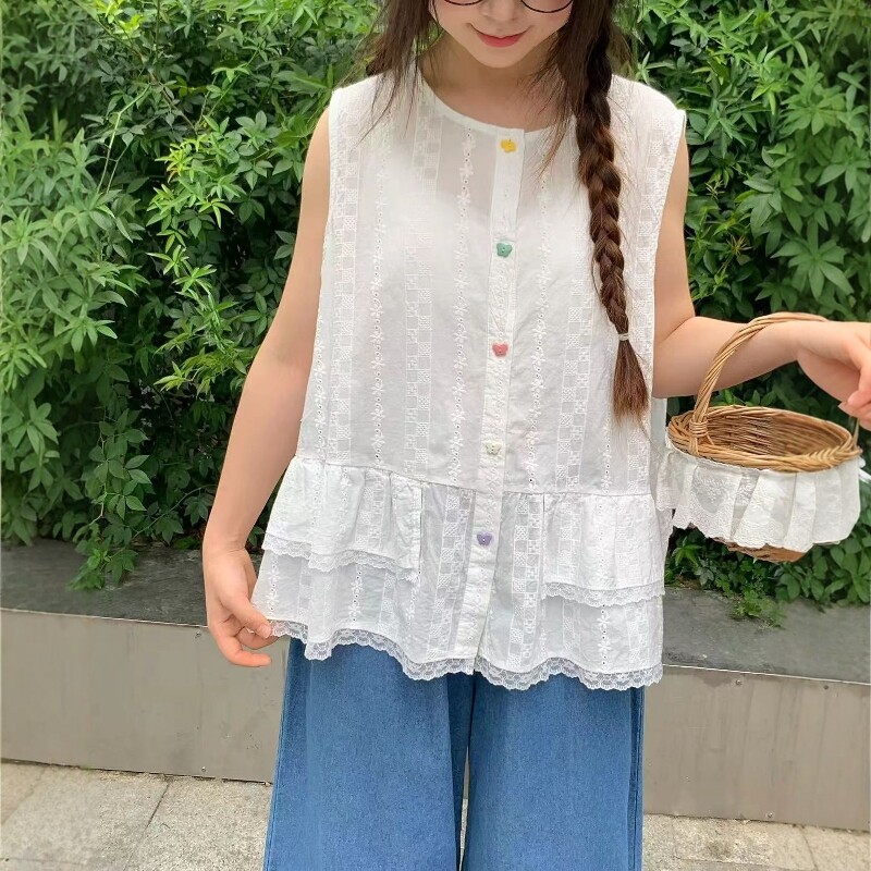 圆领花边蕾丝提花单排扣无袖衬衫