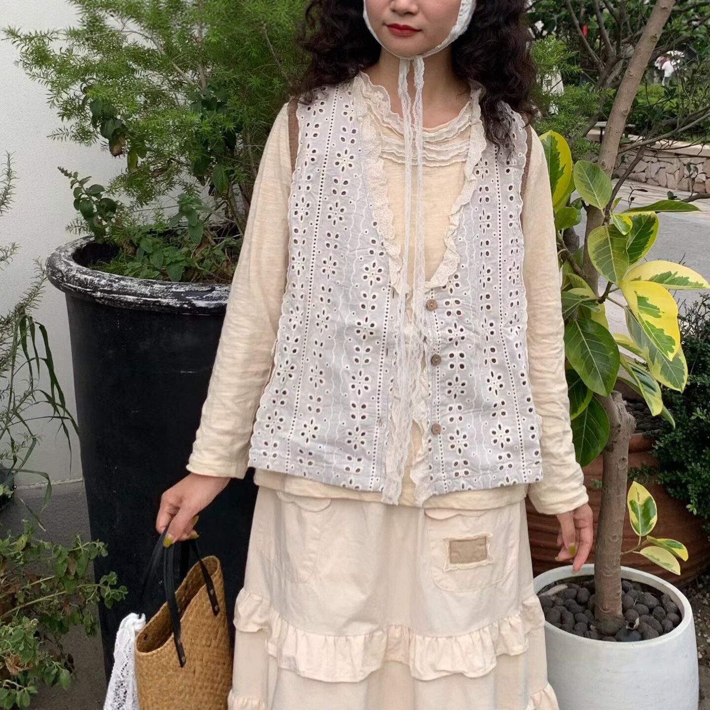 棉布刺绣镂空拼接格子棉布马甲