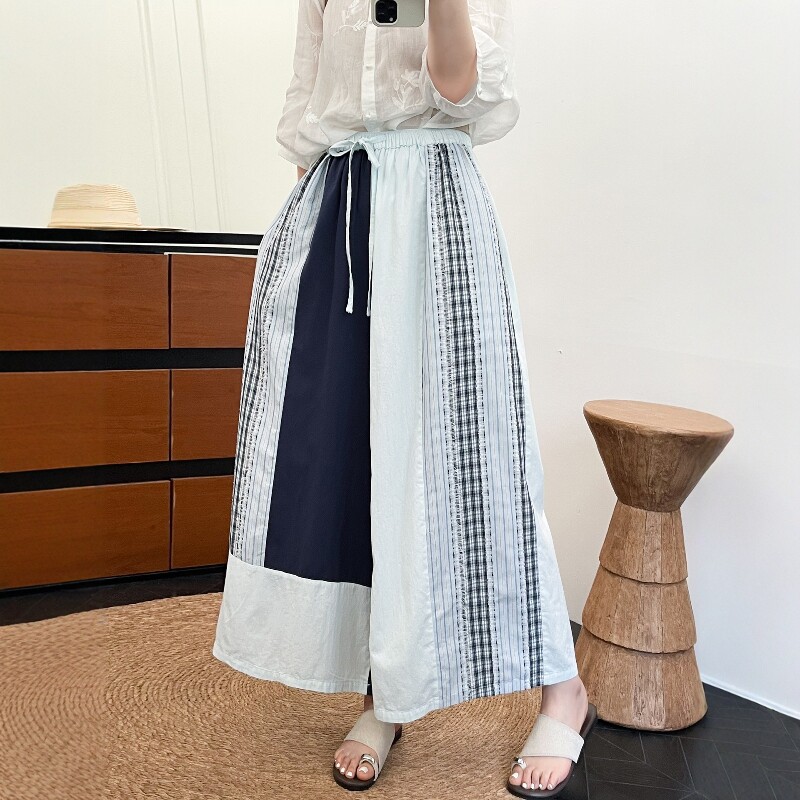 松紧腰格纹拼接纯棉九分阔腿裤女