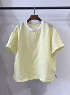 撞色条纹亚麻圆领短袖衬衫上衣T