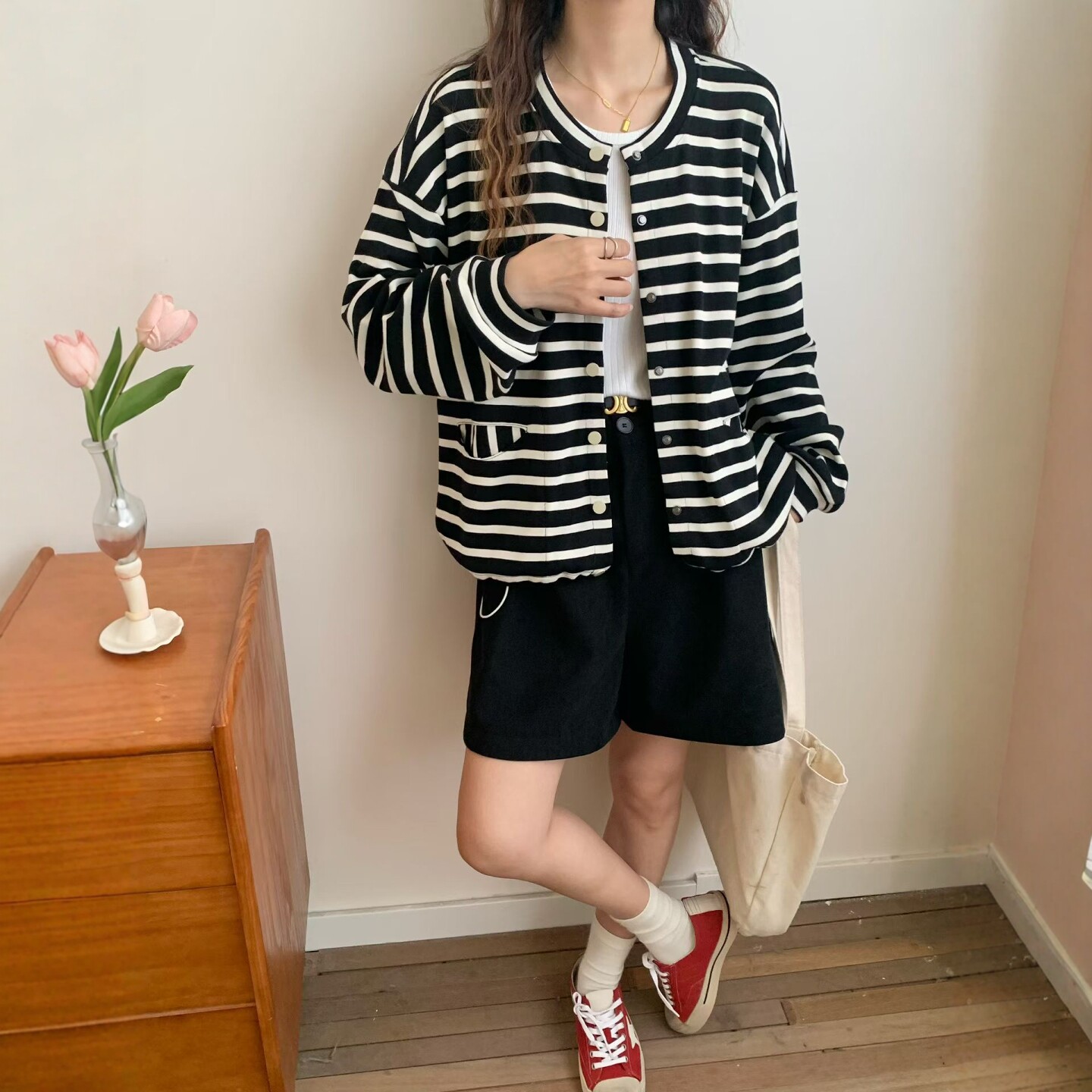 针织棉条纹显瘦短外套上衣女