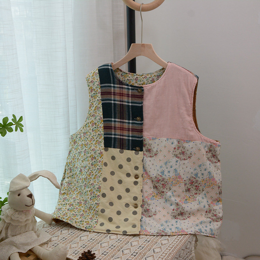 24冬新复古文艺拼布夹棉马甲宽松百搭外套不规则马夹拼色坎肩棉衣