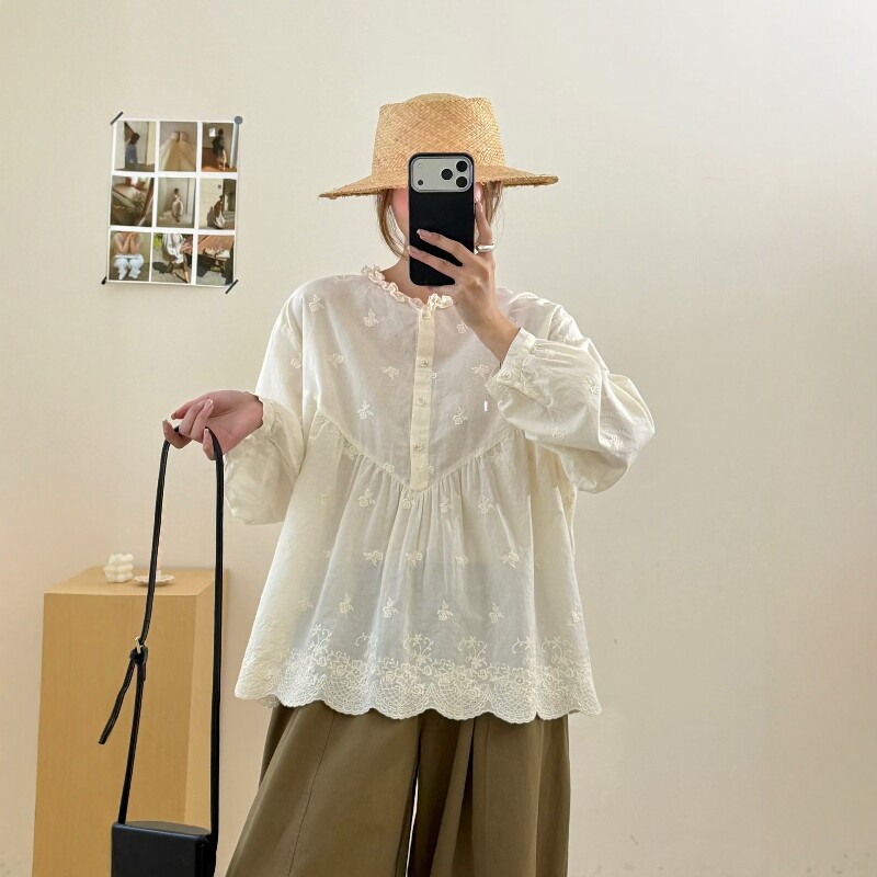 宽松小清新花朵刺绣花边领棉衬衫