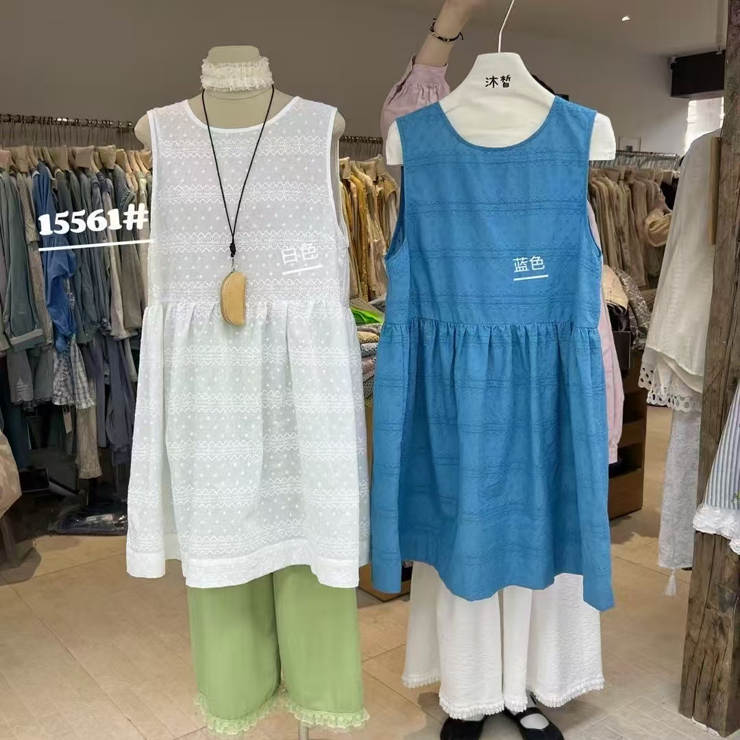 沐皙家文艺复古刺绣拼接背心连衣裙宽松百搭叠穿圆领中长款罩衫裙