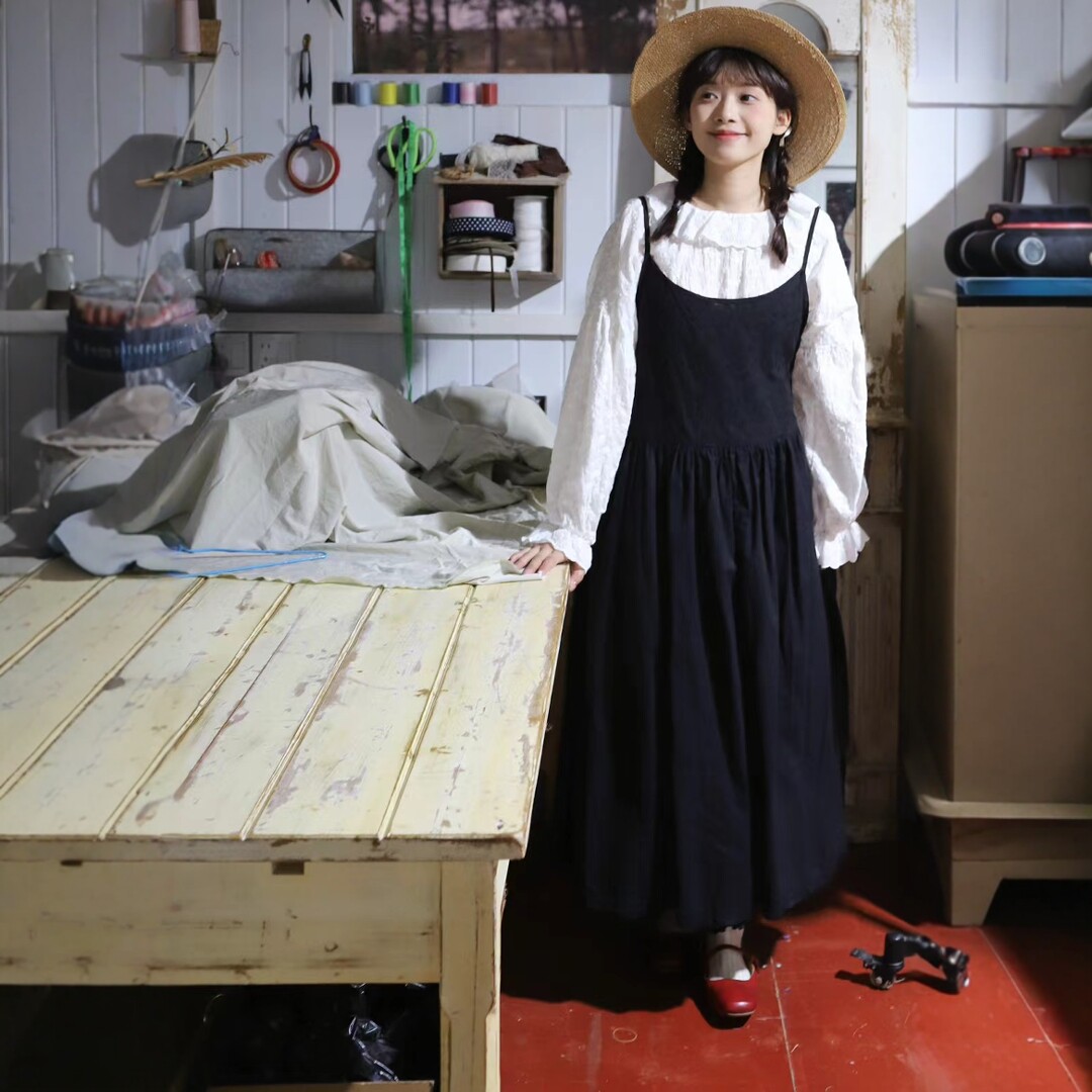 日系甜美纯棉刺绣拼接长款吊带裙宽松休闲纯棉百搭叠穿打底连衣裙