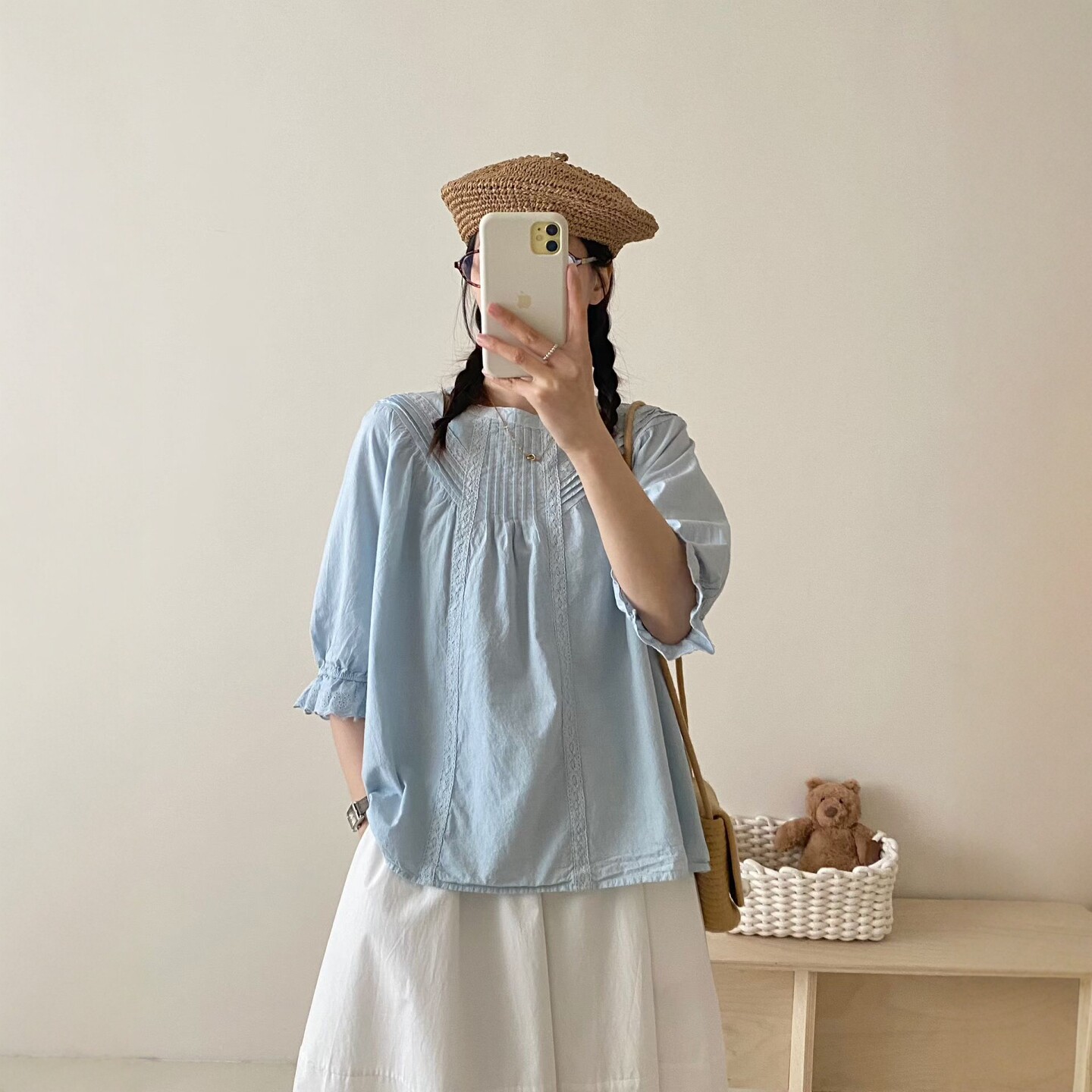 森系少女 学院风圆领花边拼接风琴褶中短袖棉布衬衫花苞袖上衣女