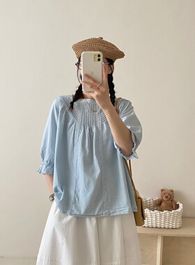 风琴褶蕾丝拼接中短袖棉布衬衫女