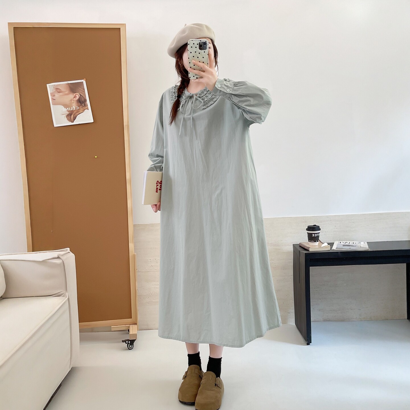 宽松腰文艺木耳系带领纯色连衣裙