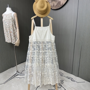 春新法式少女减龄欧根纱拼接棉布刺绣叠穿吊带裙长款连衣裙马甲裙