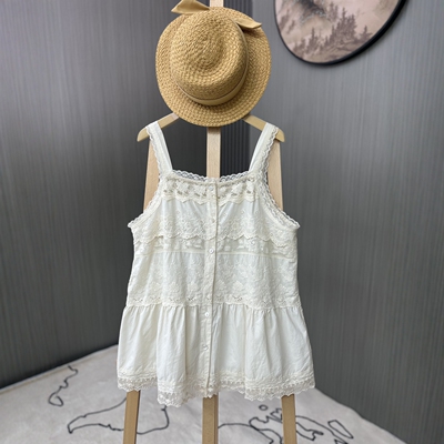 棉布刺绣拼接蕾丝花边背心吊带女