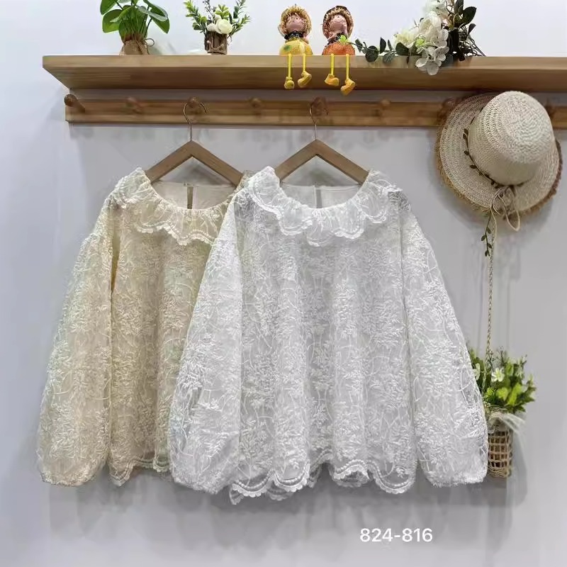 甜美套头长袖衬衫欧根纱娃娃领