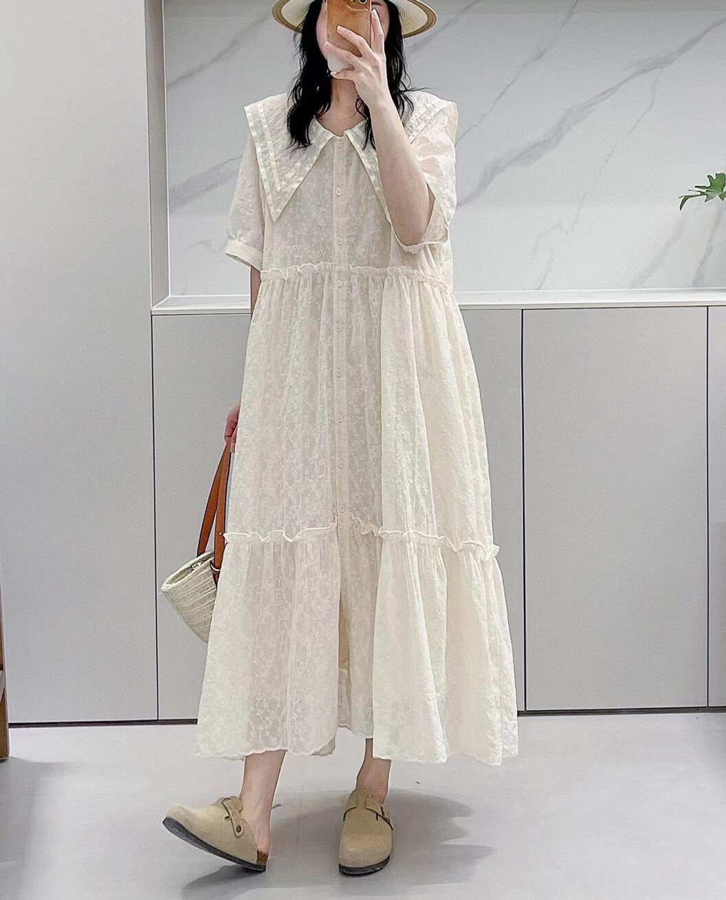 23夏新法式优雅长裙大领子花边腰前开扣棉布刺绣短袖连衣裙公主裙
