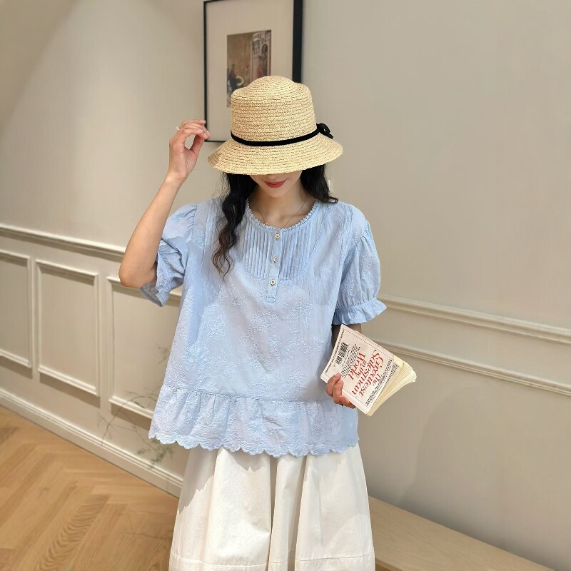 日系夏装新款文艺小清新圆领套头纯色短袖宽松百搭泡泡袖刺绣小衫