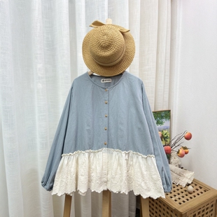 日系文艺刺绣花边拼接单排扣长袖衬衫宽松百搭时尚纯棉开衫上衣女