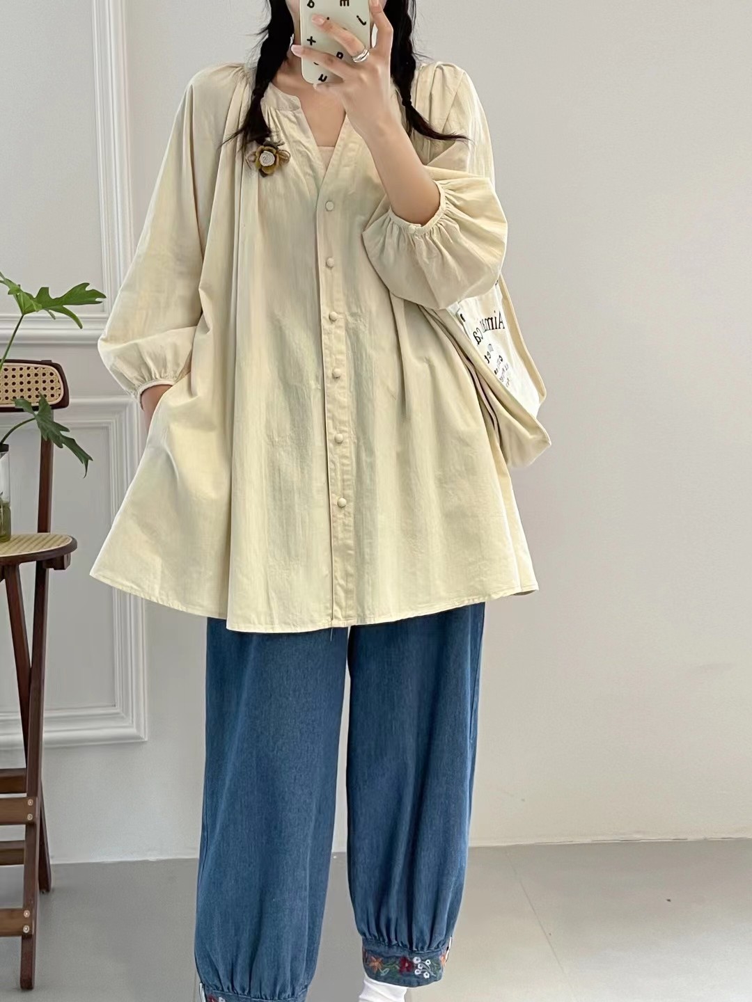 宽松甜美单排扣长袖棉布
