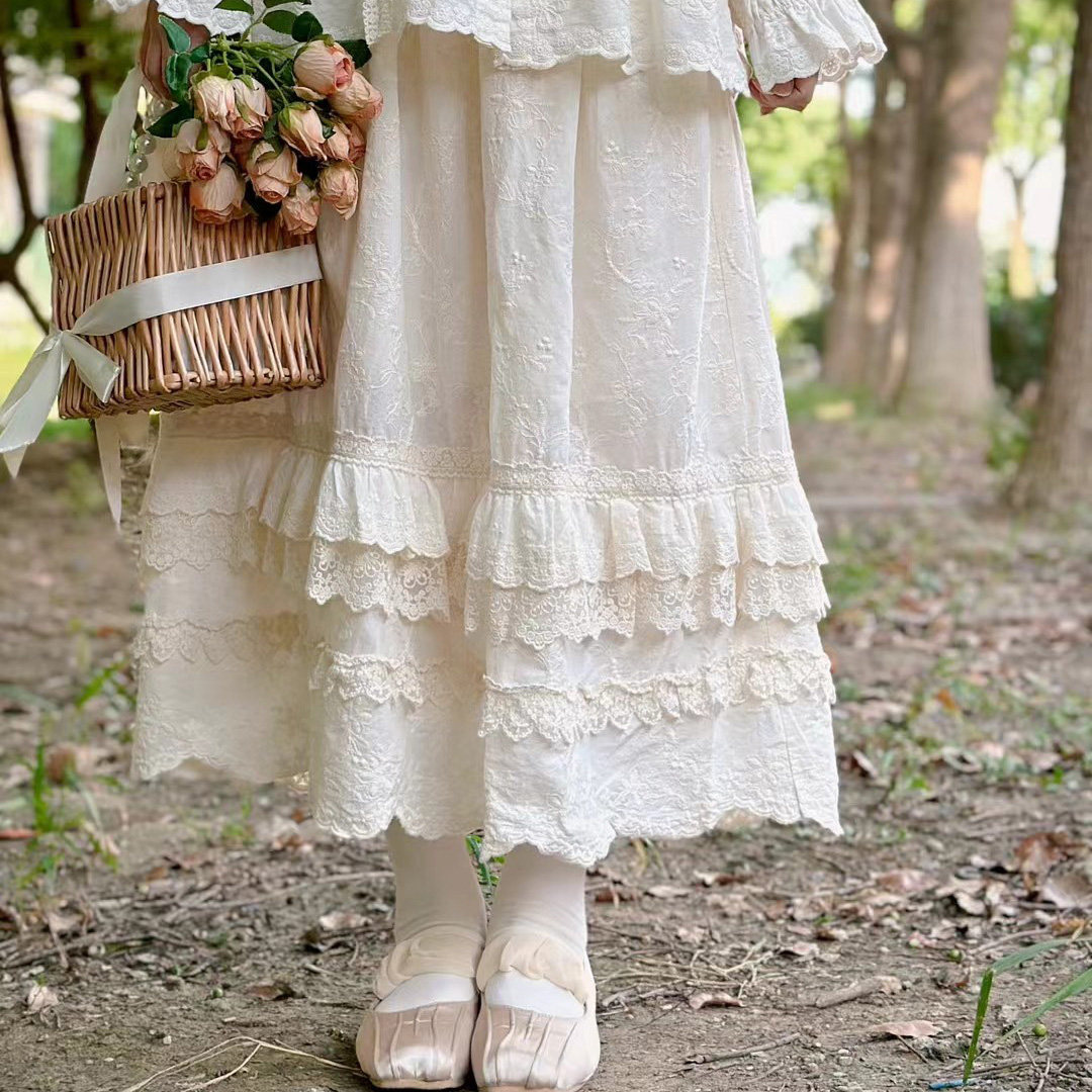 中长裙A字甜美A字多层蕾丝边