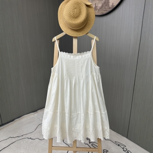 26春夏森系少女叠穿吊带裙风琴褶刺绣镂空下摆棉布内搭打底连衣裙