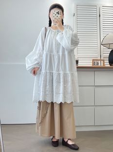 休闲上衣秋 森系刺绣镂空花边下摆灯笼袖 娃娃衫 宽松大码 系带中长款