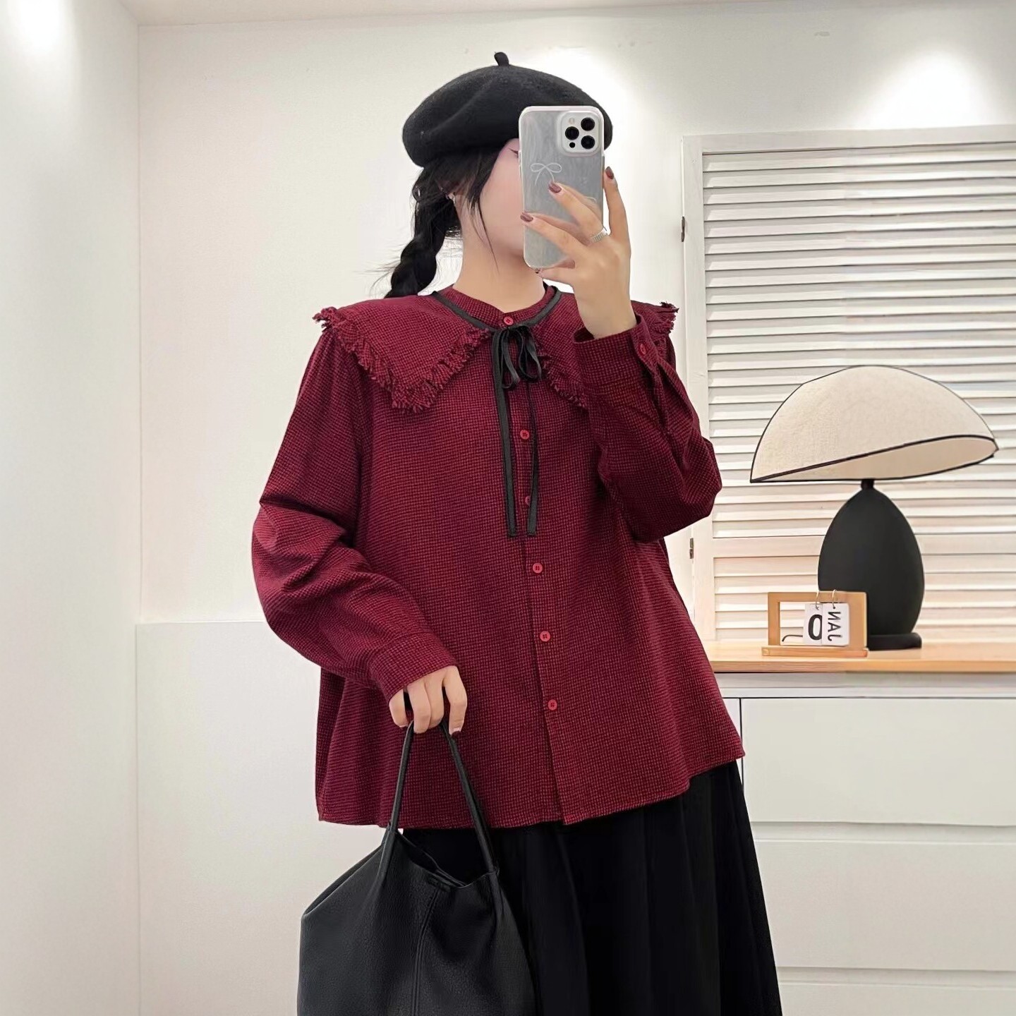 千鸟格可脱卸系带娃娃领磨毛衬衫