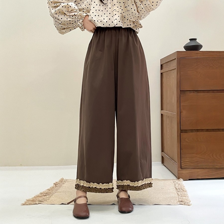 森系甜美木耳边拼接时尚九分阔腿裤宽松百搭休闲高腰棉质直筒裤女,女装/女士精品,休闲裤,淘宝优惠券,粉丝福利购,淘宝优惠卷