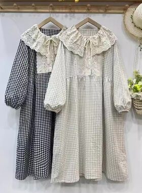 休闲A字裙纯棉格子娃娃领格子