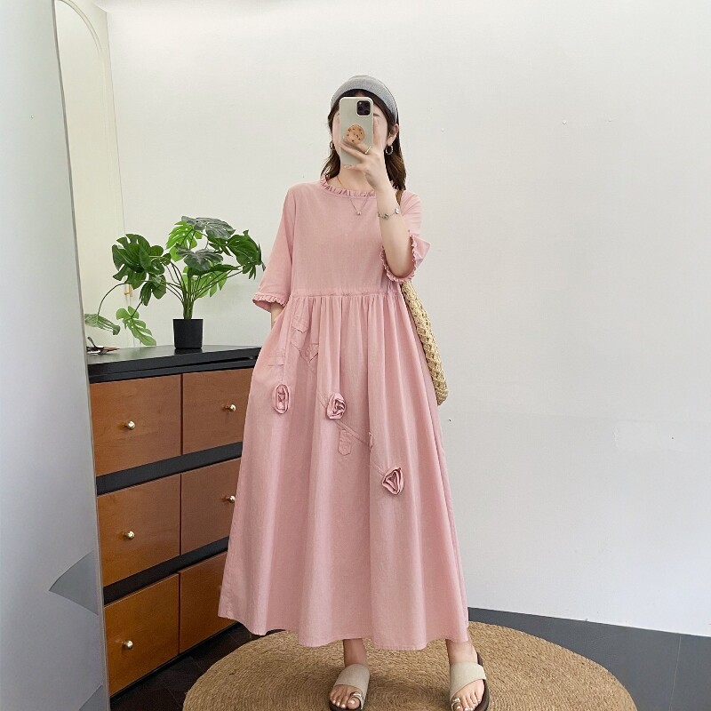 花边圆领立体盘花木耳边短袖长裙