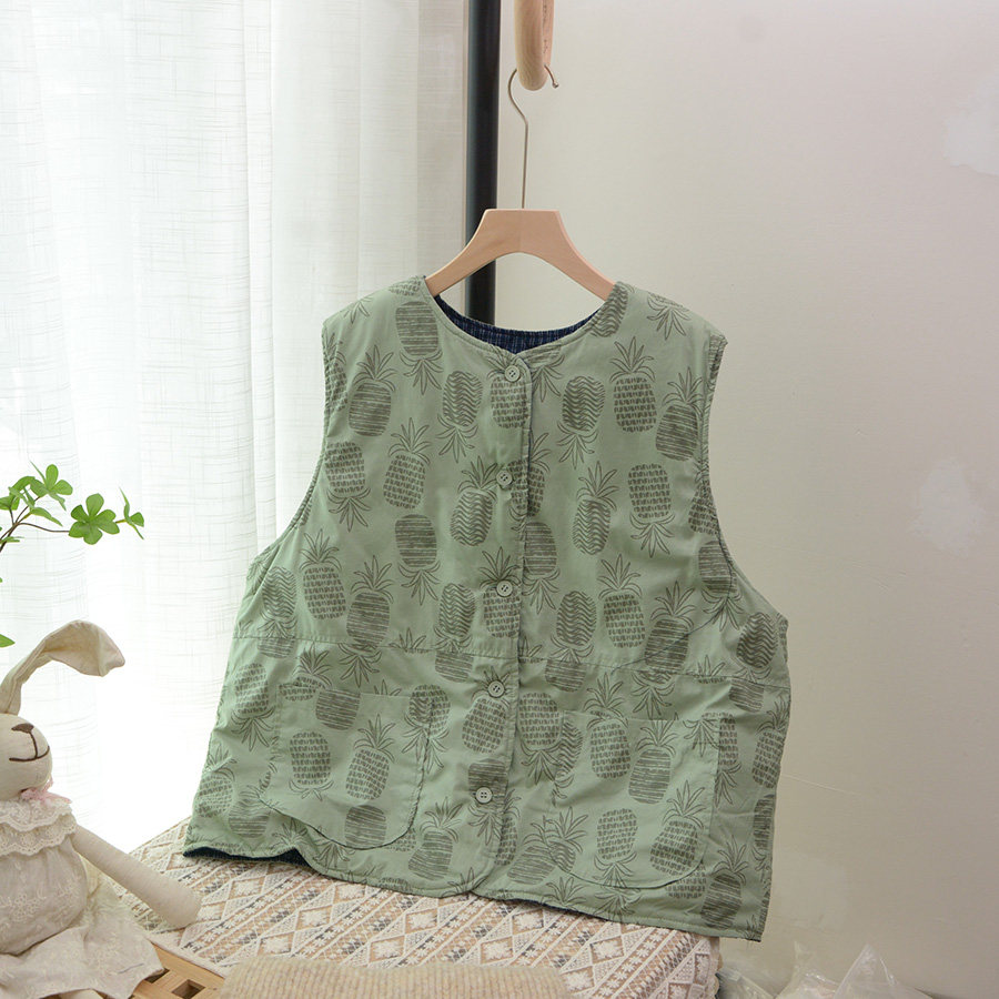 24秋冬新品棉质菠萝印花夹棉两面穿马甲宽松版棉衣外套坎肩上衣女