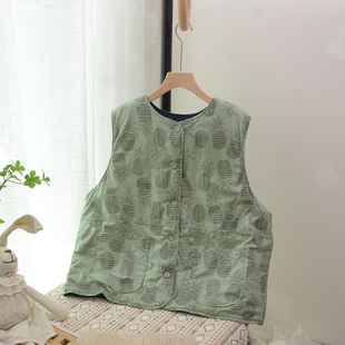 24秋冬新品 棉衣外套坎肩上衣女 棉质菠萝印花夹棉两面穿马甲宽松版