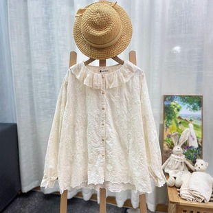 森系甜美蕾丝边翻领棉布刺绣长袖衬衫宽松百搭纯棉开衫上衣内搭女