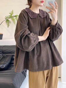 花边翻领灯芯绒宽松版娃娃衫