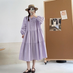 秋新品森女系花边拼接领口系带棉布长袖连衣裙蛋糕拼接中长款裙子
