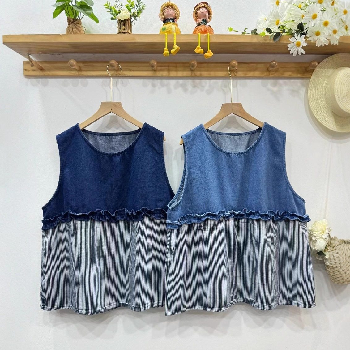 森女系小清新条纹拼接圆领套头牛仔背心宽松百搭叠穿无袖坎肩马甲