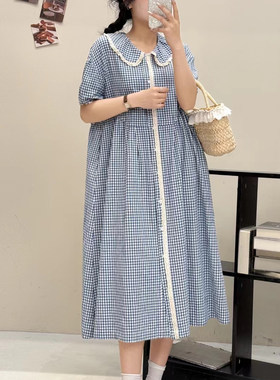 甜美A字棉麻格纹娃娃领短袖长裙