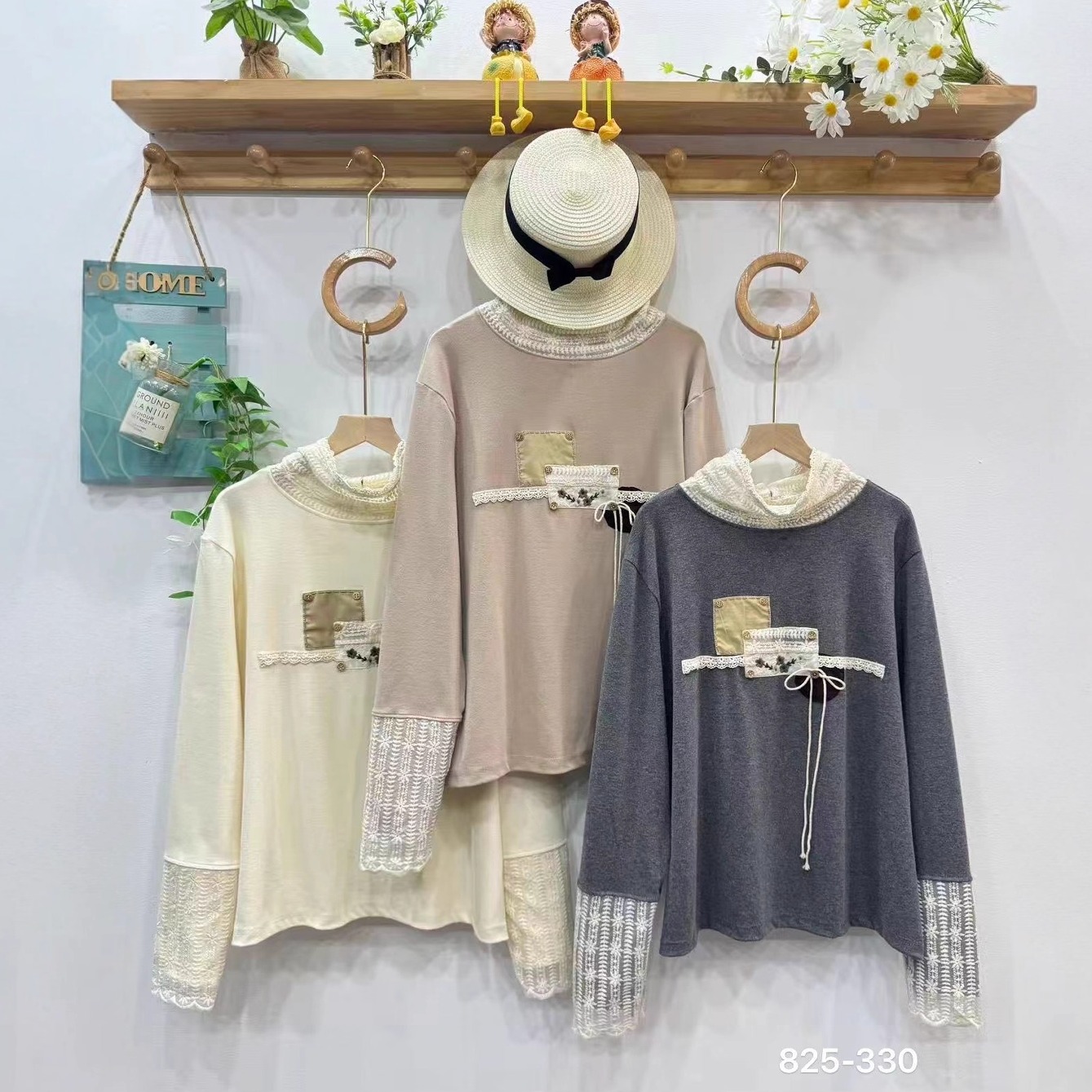 森系甜美少女蕾丝拼接刺绣高领长袖T恤宽松百搭减龄保暖磨毛打底