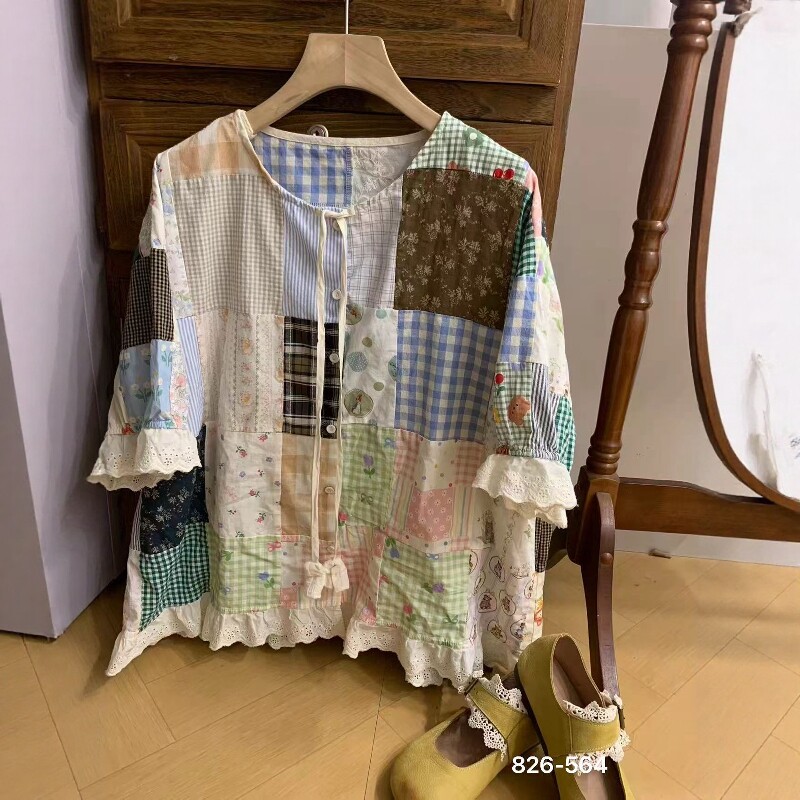 宽松田园风百家布蕾丝边开衫短袖