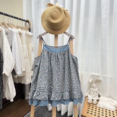 蕾丝花边下摆碎花棉布吊带背心